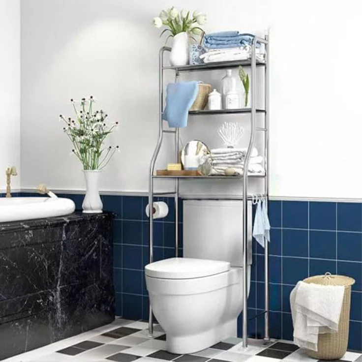 GarveeLife Toilettenregal, 3-stufiges Multifunktionsregal für das Bad, Regal Über der Toilette mit Aufbewahrungskörben, Platzsparendes WC-Regal, Leicht zu Montieren, 50 x 25 x 160 cm, Silber – Bild 1