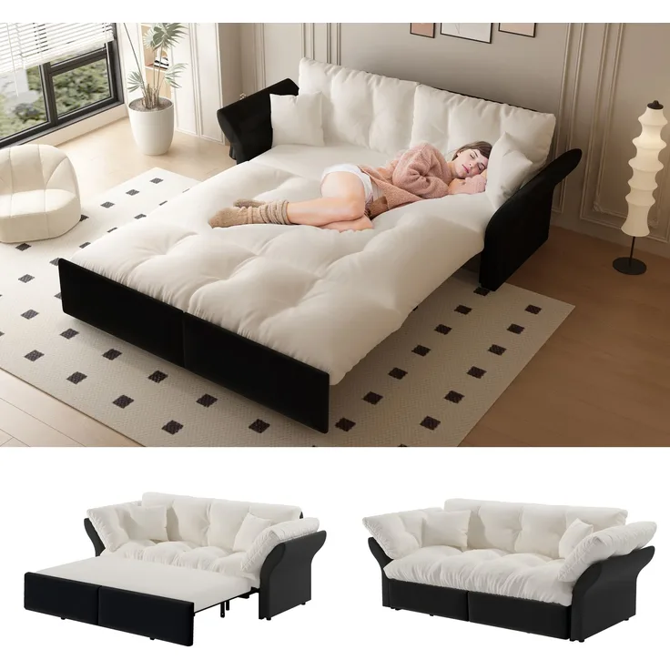 EINHOM 190 cm Queen-Size Ausziehsofa, 3-in-1 Konvertibles Schlafsofa mit Tufting und 2 Weichen Kissen, Multifunktionelles Velourssofa-Bett, Beige/Weiß, (Ohne Matratze)