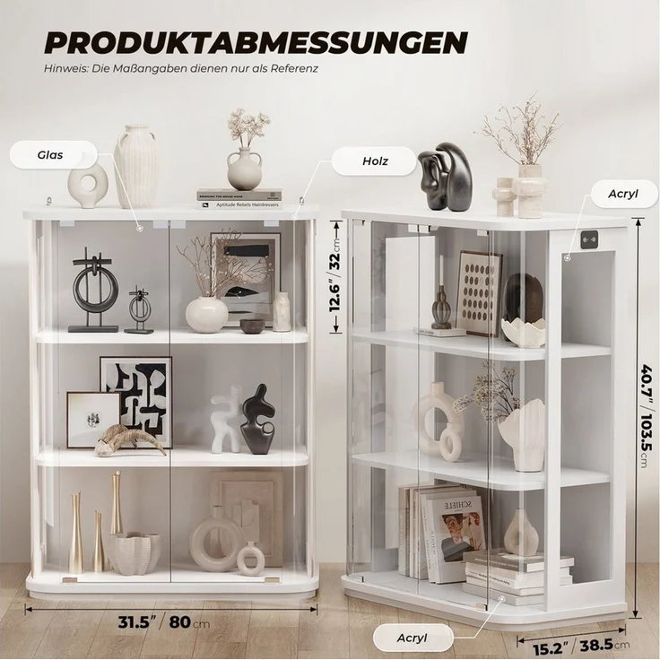 BROTTAR Glasvitrine Rund 3 Ebenen LED mit Sensor (1-St) 80×38.5×103.5cm, weiß – Bild 3
