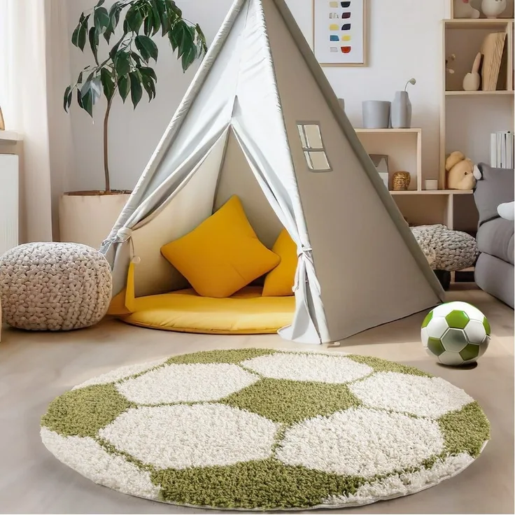 Carpettex Kinderteppich Fußball-Design, Rund, Höhe: 30 mm, Kinder Teppich Fußball-Form Kinderzimmer versch. farben und größen