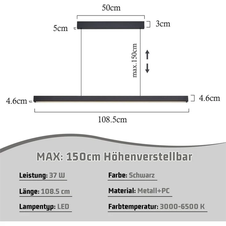 Nettlife LED Pendelleuchte Esstisch Dimmbar mit Fernbedienung Hängelampe 107CM 32W, Höhenverstellbar, LED fest integriert, 3000-6500, Esstisch Pendellampe für Küche Bar Wohnzimmer Schlafzimmer Büro – Bild 2