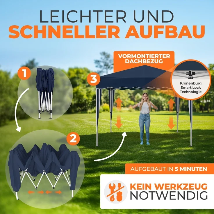 Faltpavillon 3x3 m - wasserdicht - mit 4 Seitenteilen, blau – Bild 4