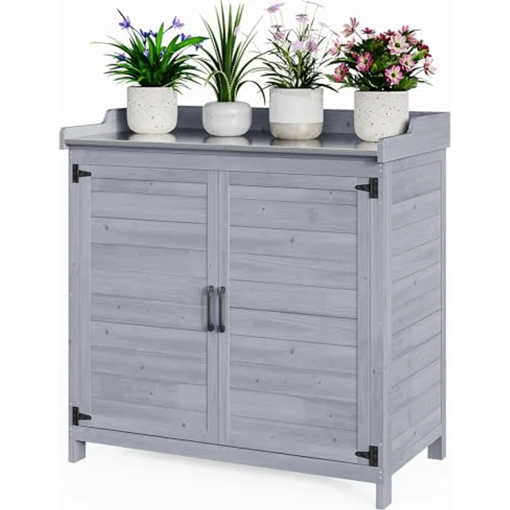 Bealife Pflanztisch mit Unterschrank, Gartenschrank mit Arbeitsplatte mit 1 Bewegbarer Einlegeboden für den Innen- und Außenbereich (Grau, 48T x 98B x 95H) – Bild 2
