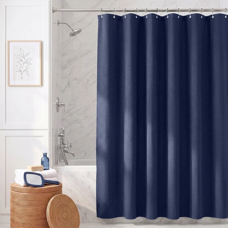 Sekey Duschvorhang Textil Duschvorhang Wannenvorhang Waschbar wasserabweisend mit Ringe Breite 180 cm (Packung, inkl. 12 Ringe), Badewannenvorh, 100% Polyester, Waffelstoff 180x200cm Dunkelblau – Bild 1