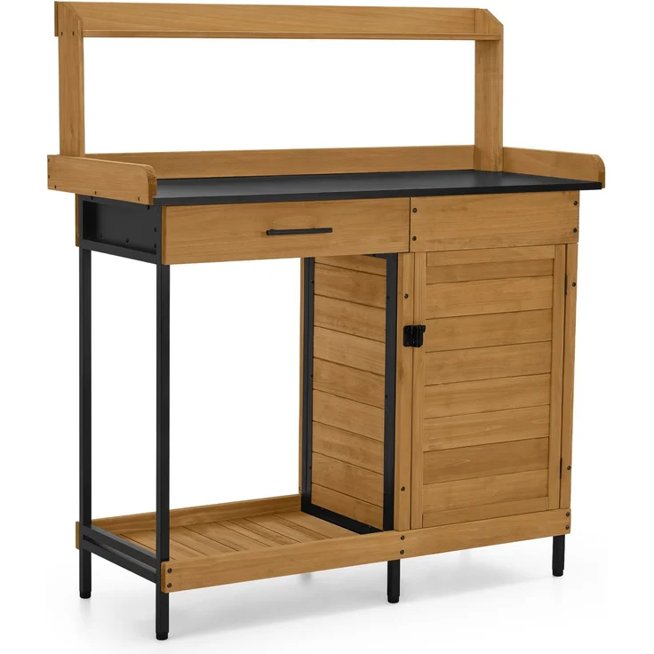 M MCombo Pflanztisch mit Schublade, Ablage, Verzinkter Arbeitsplatte & Schrank, Gärtnertisch Wetterfest mit 3 Haken, Blumentisch Massivholz für Garten, Balkon & Terrasse, 47 x 111 x 127 cm, 2049 (Natur) – Bild 1