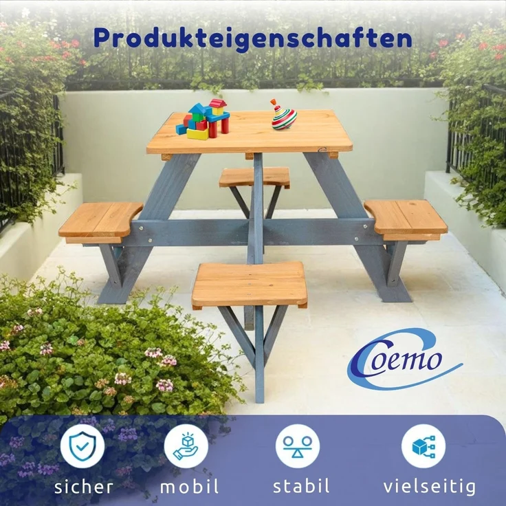 Coemo Kindersitzgruppe Romy Picknicktisch Holz Sitzgarnitur Gartentisch Braun – Bild 3