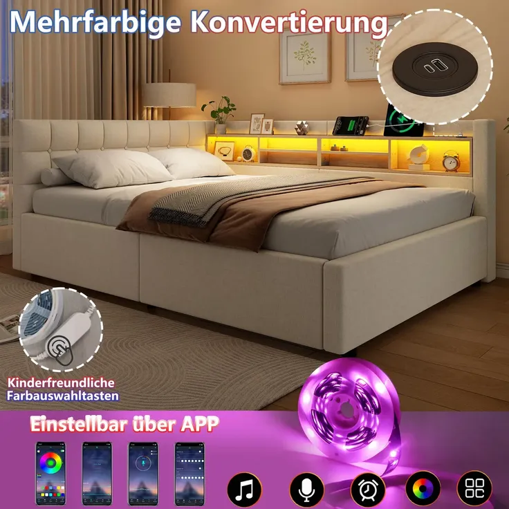 Polsterbett mit LED-Streifen, Lattenrost, Regal, Aufbewahrung, Type-C und USB, gepolsterter Kopfteil, 140x200 cm, Schlafsofa, Tagesbett, Leinen – Bild 5