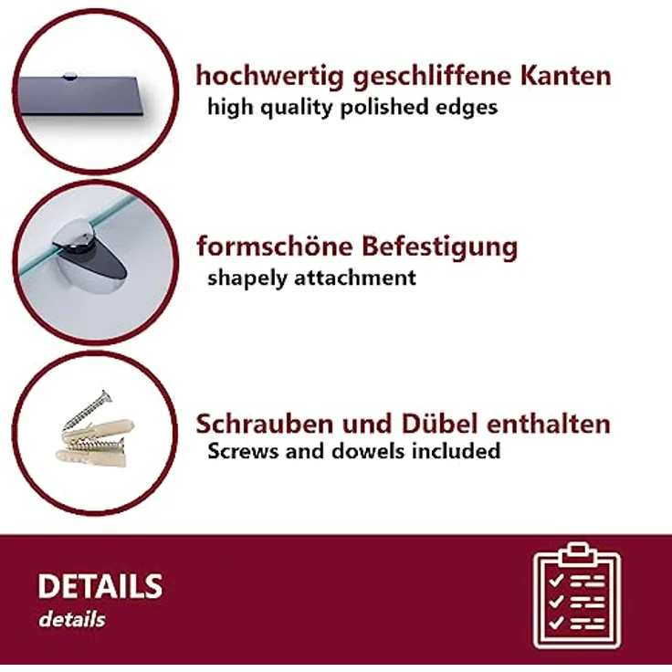 HOOZ Wandregal aus Sicherheitsglas mit Halterung - Schwarz - 90 x 13 x 0,6 cm, 1-tlg, mit geschliffenen Kanten – Bild 4