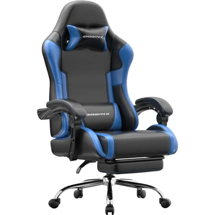 Dowinx Gaming Stuhl, Ergonomischer Gamer Stuhl für Büro und Home Office, Verstellbarer Bürostuhl mit Rückenlehne bis 150°, mit Fußstütze, Belastbar bis 180 kg, Blau