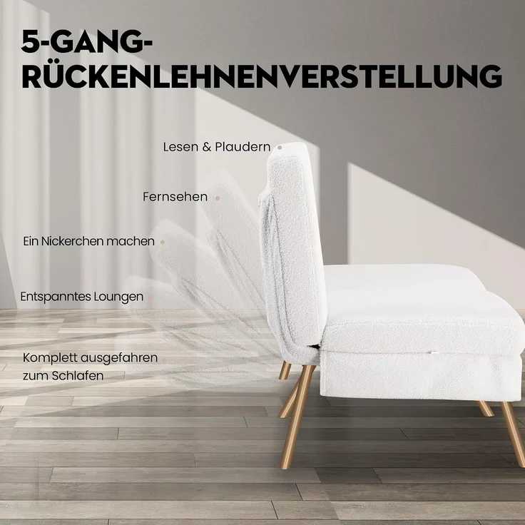 COMHOMA Schlafsofa mit Schlaffunktion, Sofa überzug Futon Klappsofa, Bettcouch, ecksofa, Couch Gästebett, 3-Sitzer Sofa, mit verstellbare Rückenlehne aus Teddystoff Weiß – Bild 4