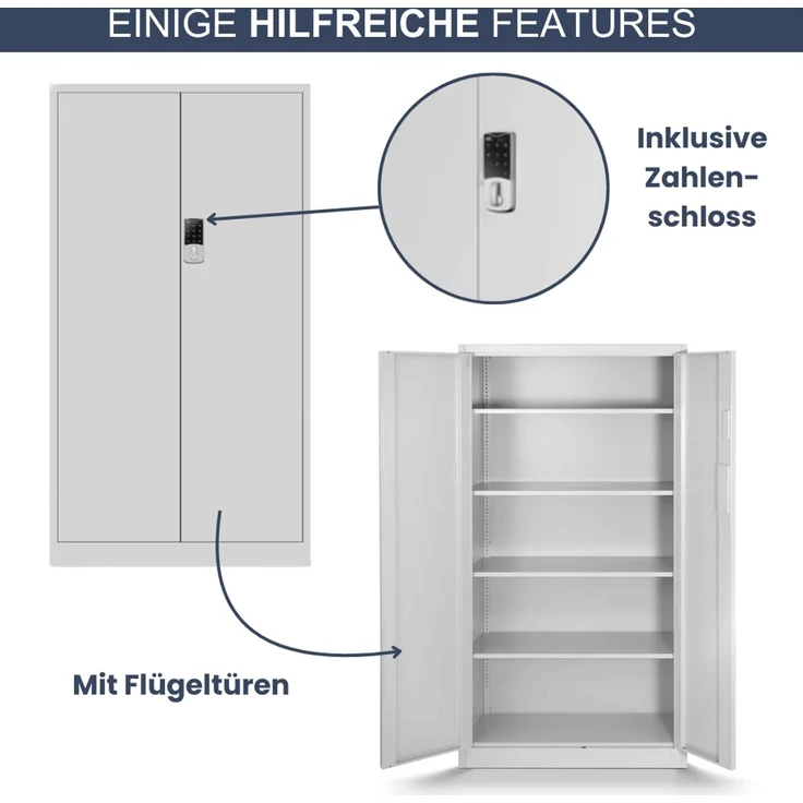 Metallschrank abschließbar ODIS - Zahlenschloss, 5 Ebenen | Aktenschrank Büroschrank Stahl Mehrzweckschrank Werkstatt Werkzeugschrank, 185x90x40cm Grau – Bild 5