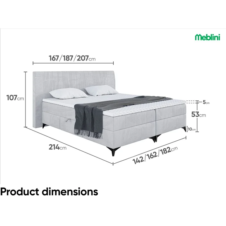 MEBLINI Boxspringbett NANI 160x200cm - H3B/Hellgrau Samt - mit Bettkasten - Polsterbett - Doppelbett mit Topper & Bonellfederkern-Matratze – Bild 7