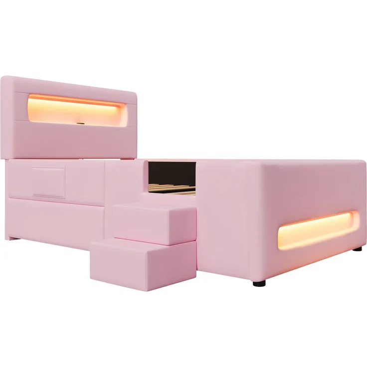 Gepolstertes Plattformbett 90x200 cm mit Treppe, Schubladen, LED-Lichtleisten, USB und Aufbewahrungstaschen, Rosa – Bild 9