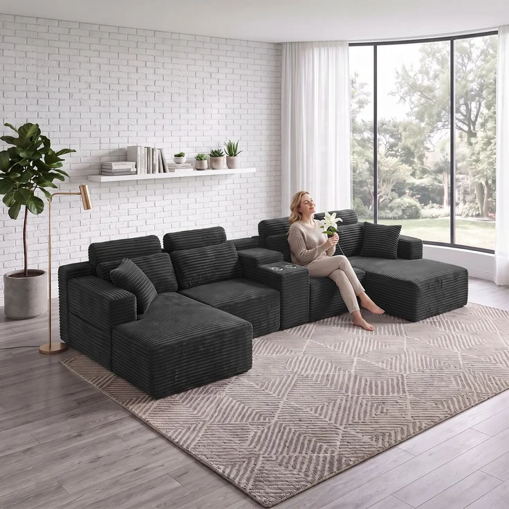 ZUBALIYA Boneless Compression Sofa, U-förmiges modulares Sofa mit integrierten Becherhaltern, Dunkelgrau, 372 x 151 x 80 cm – Bild 6