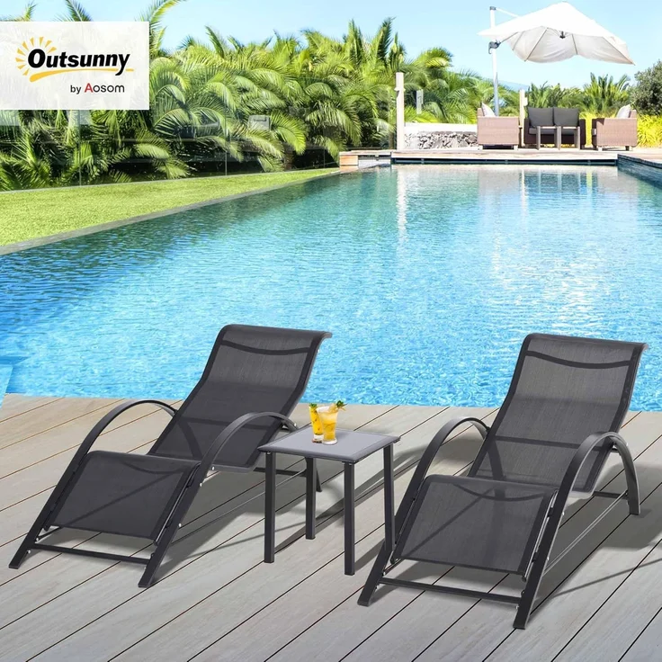 Outsunny Gartenliege Sonnenliege-Set mit Tisch, 2 Liegestühlen, Liege, 3 St, Relaxliege, für Balkon, Terrasse, Schwarz – Bild 2