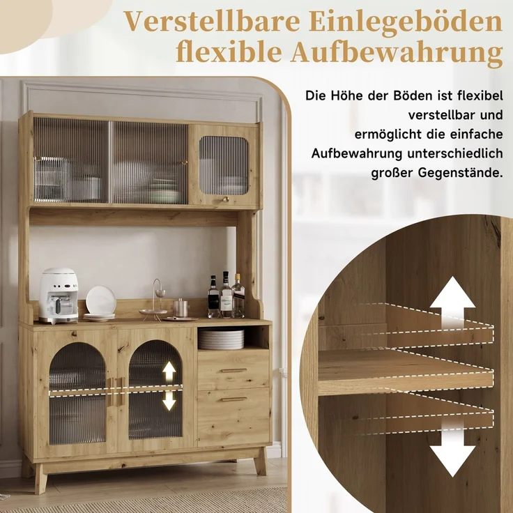 Buffetschränke, Esszimmer-Hochschrank 120*40*178 cm, mehrstufigem Stauraum, integrierter Steckdose sowie USB-C- und USB-A-Anschlüssen, Holzfarbe – Bild 5