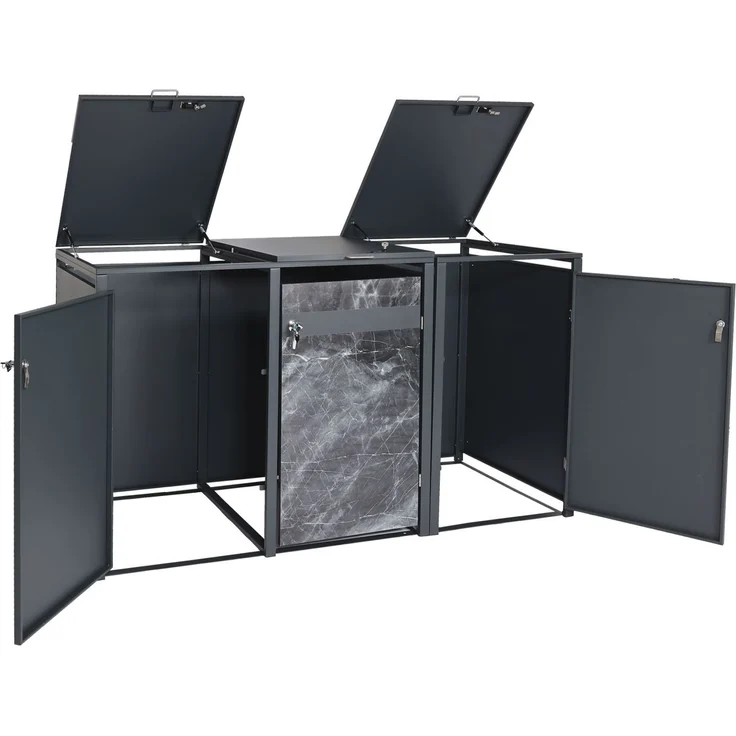 3er Mülltonnenverkleidung HWC-J82, Mülltonnenbox, erweiterbar, Metall 80kg, anthrazit ~ Marmor-Optik dunkel – Bild 5