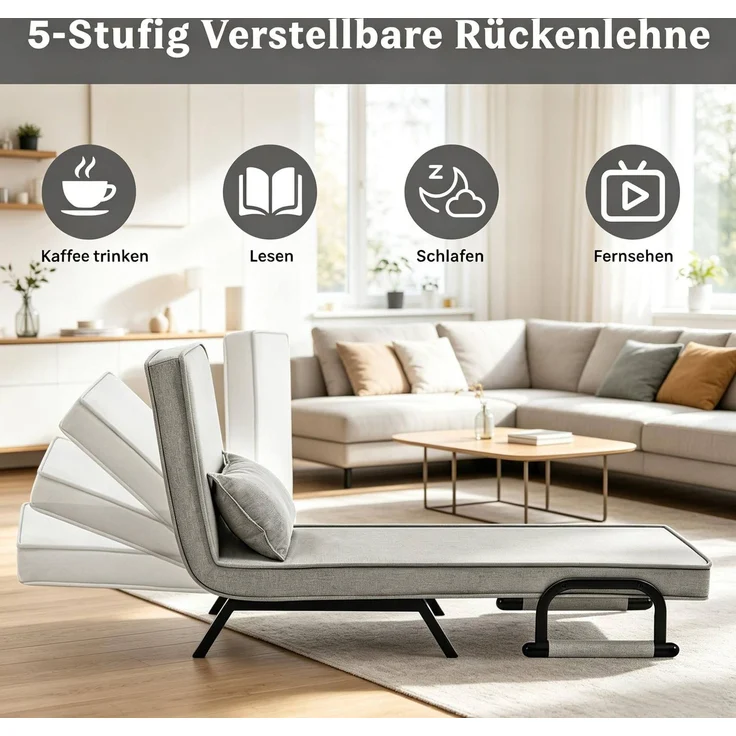 Klappstuhl mit Schlaffunktion 65 x 78 x 75 cm – 3-in-1 Schlafsessel mit verstellbarer Rückenlehne in Hellgrau – Bild 7