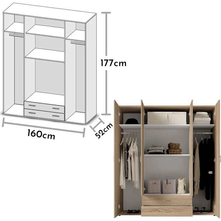 'Base 4' Kleiderschrank, 4-türig, Eiche Sägerau Dekor, 160 x 177 x 52 cm – Bild 6