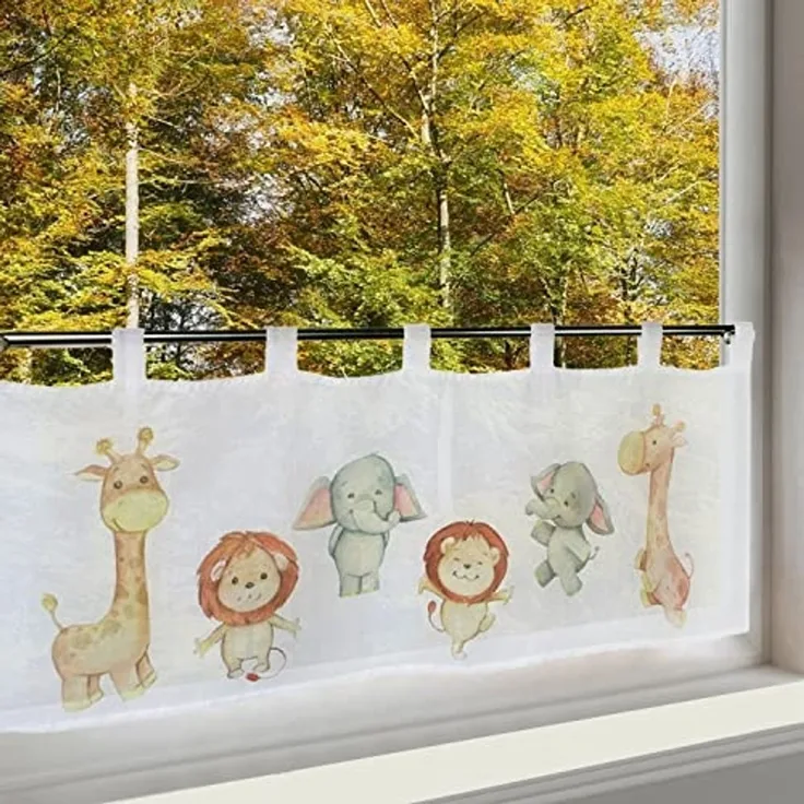 Delindo Lifestyle Scheibengardine Kinderzoo (1 St), Schlaufen, halbtransparent, Voile, mit Schlaufenaufhängung für die Küche
