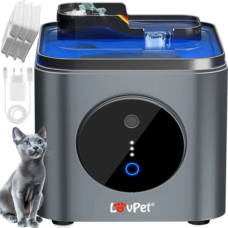 LOVPET® Katzenbrunnen Trinkbrunnen für Katzen mit 3,5L Wassertank | Automatischer Katzentrinkbrunnen APP / Sensor | Wasserbrunnen Doppel-Filtersystem Aktivkohle & Filter-Steine | sehr leise 30dB Schwarz / Anthrazit, mit Sensor