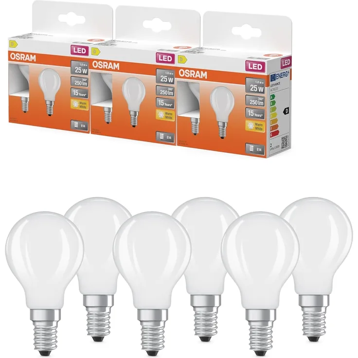 OSRAM LED-Lampe Star Miniballform P25 Filament, 2700 K warmweiß, 1,8 W, E14, matt, 250 lm, 15.000h, für Tisch- und Pendelleuchten, blendfrei, White, Warmweiss