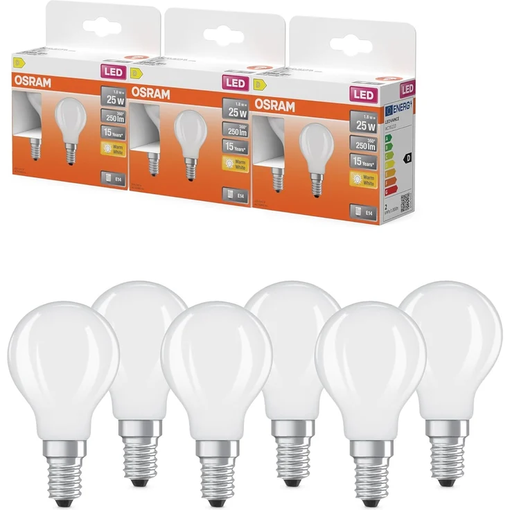 OSRAM LED-Lampe Star Miniballform P25 Filament, 2700 K warmweiß, 1,8 W, E14, matt, 250 lm, 15.000h, für Tisch- und Pendelleuchten, blendfrei, White, Warmweiss