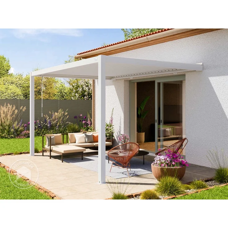 PRIMEYARD Terrassenüberdachung 3x4 m Aluminium-Pfosten mit Lamellendach aus Stahl weiße Anbau-Pergola – Bild 1