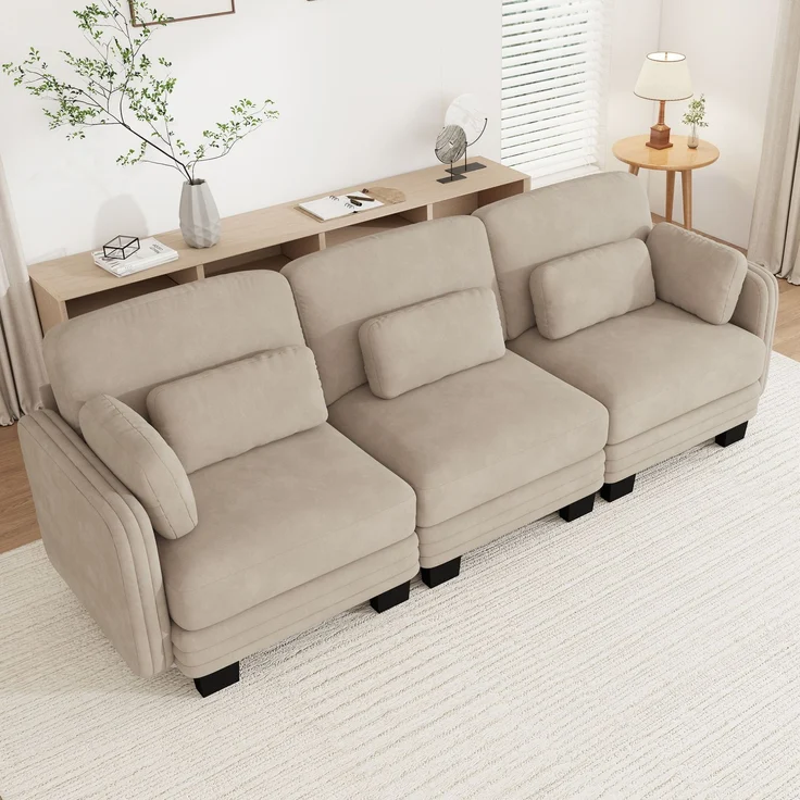 Modulares 3-Sitzer-Sofa 253x88x88 cm in Hellbraun mit Chenillebezug und verschiebbaren Kissen – Bild 2
