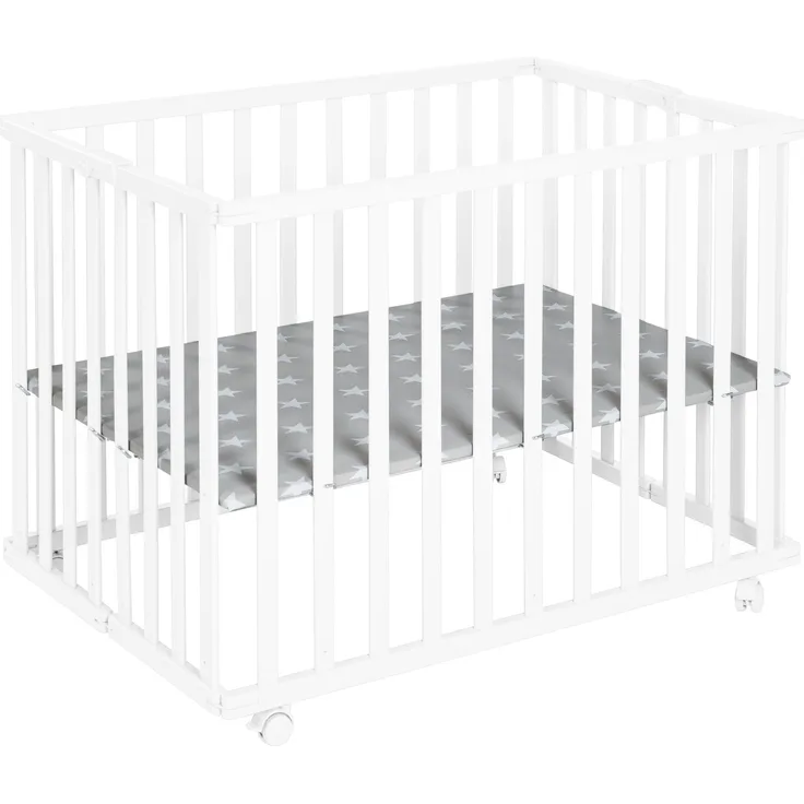 roba Laufgitter 74 x 100 cm - inkl. Einlage 'Little Stars' & Rollen - klappbar - Holz - Weiß
