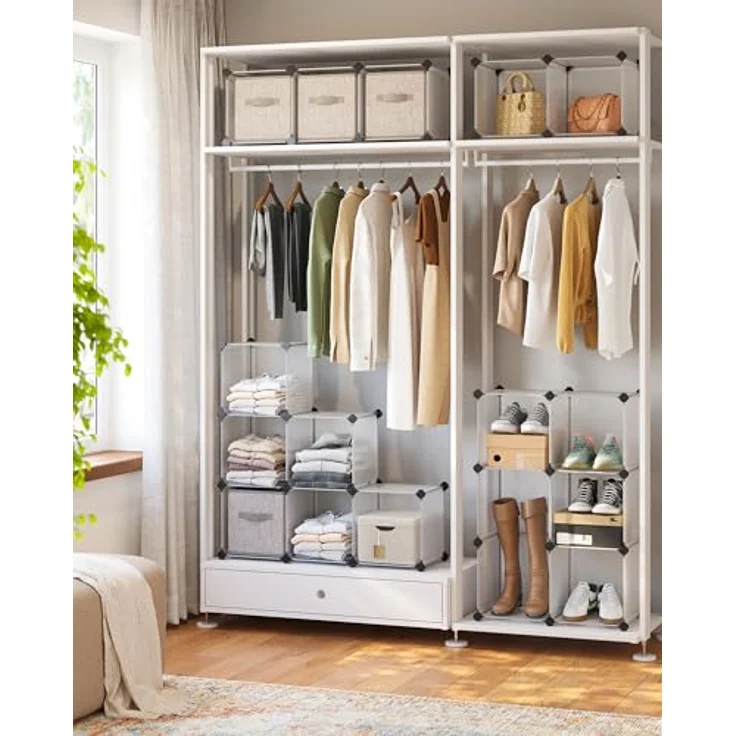 Songmics Schuhregal, Set aus 16 Würfeln, Regalsystem, DIY Würfelregal, stapelbar, aus PP-Kunststoff, als Garderobe, Raumteiler, für Schlafzimmer, Büro, 31 x 123 x 123 cm, weiß LPC44L – Bild 3
