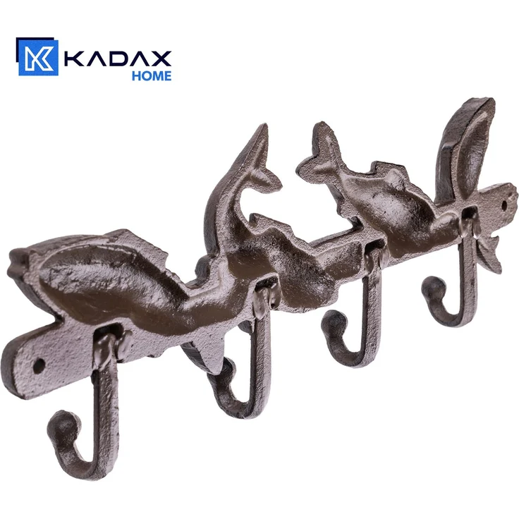 KADAX Fische Hakenleiste aus Gusseisen 34 x 13 cm, maritime Wandgarderobe mit 4 Haken, Wandhaken, Garderobenleiste zur Wandmontage, Kleiderhaken für Flur (Braun) – Bild 7