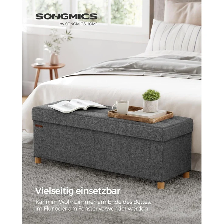 Songmics Sitzbank mit Stauraum, Schuhbank, klappbare Sitztruhe, Aufbewahrungsbox, Fußbank, 38 x 110 x 40 cm, für Wohnzimmer, Schlafzimmer, dunkelgrau – Bild 4