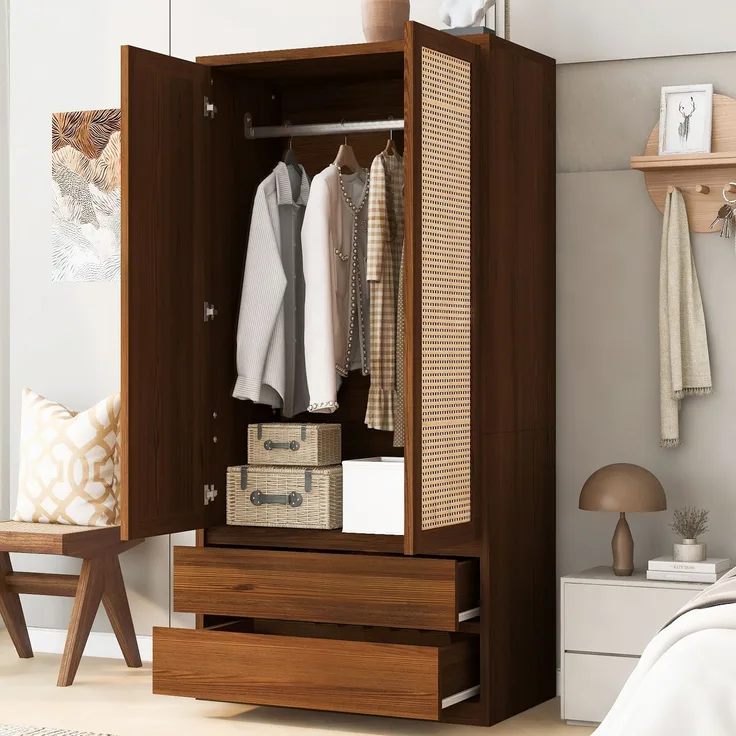Kleiderschrank 90x50x170 cm in Holzfarbe mit Rattanoptik, Kleiderstange und 2 Schubladen