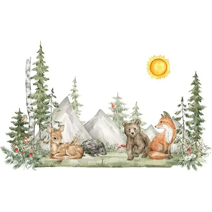 Montegoni Wandtattoo Handgemalte XXL Wandaufkleber mit Tieren im Wald-Stil für Kinder (Raumdekor, entfernbare Aufkleber, umweltfreundlich, DIY-Poster), XL, selbstklebend, rückstandslos entfernbar