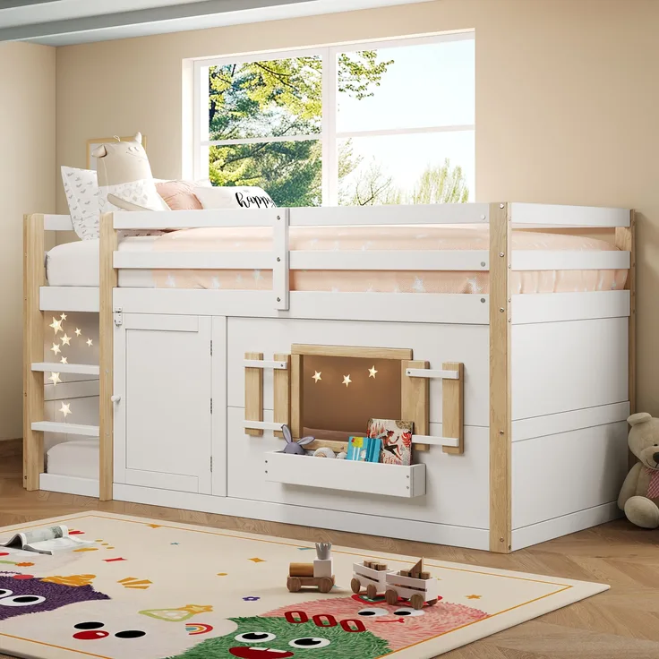 Kinderbett, Etagenbett (90 x 200 cm), Hochbett, multifunktionales Kinderbett mit Leiter, unterbaubar zur Spielfläche, ohne Matratze, Holz, weiß, 90 × 200 cm
