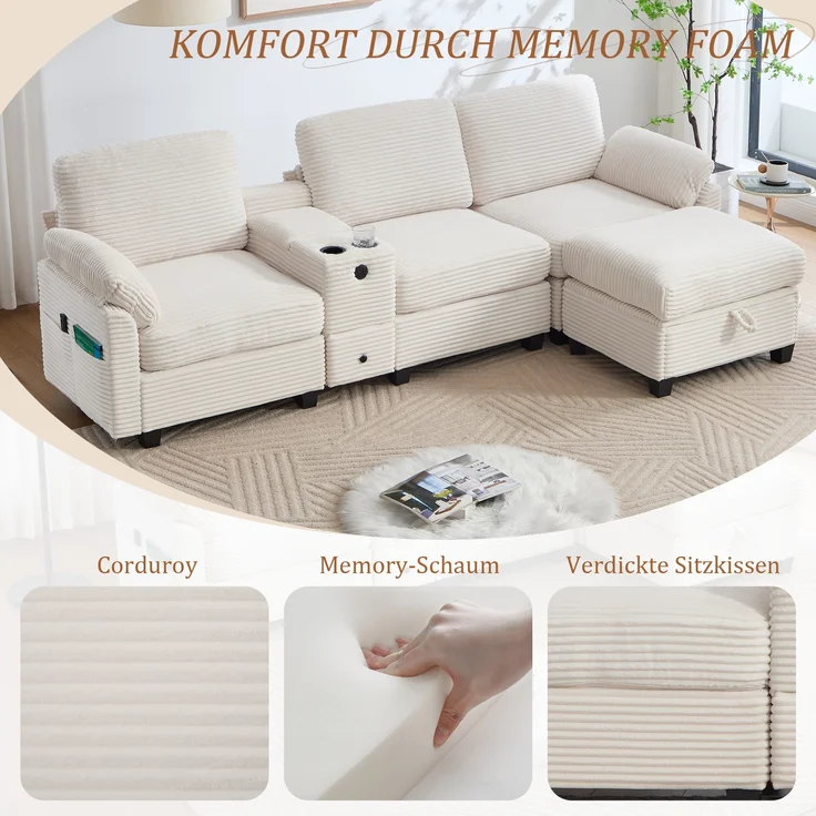 LVHOM 3-Sitzer Sofa mit Hocker, L-Form Ecksofa mit Stauraum, USB-C-Anschluss und 2 Getränkehaltern, modulares Sofa, Beige – Bild 8