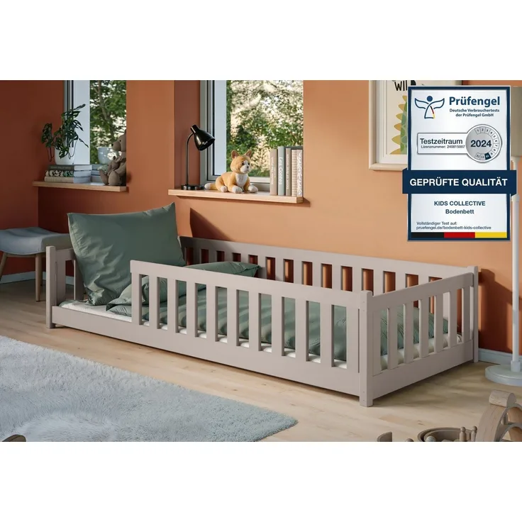 Kids Collective Kinderbett Bodenbett Bett mit Rausfallschutz & Lattenrost Montessori Bett Kinder (Jungen, Mädchen, Kinder, weitere Größen 80x160, 80x180, 90x190, 120x200, 140x200 cm), Jugendbett Einzelbett optional mit Matratze Kaschmir Kiefer 90x200 cm