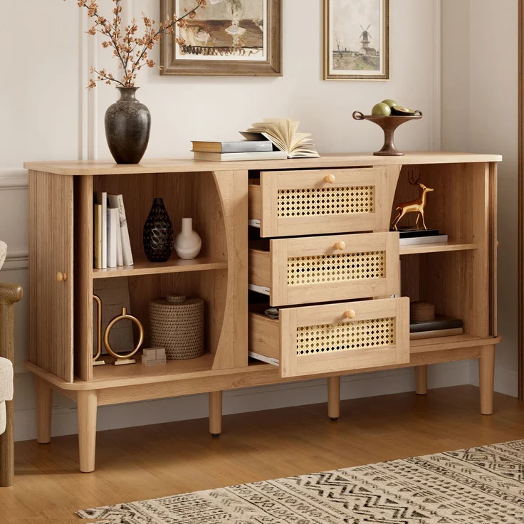 ZUBALIYA Kommode 141x40x77 cm, mit verstellbaren Einlegeböden, aus MDF, Natur – Bild 11