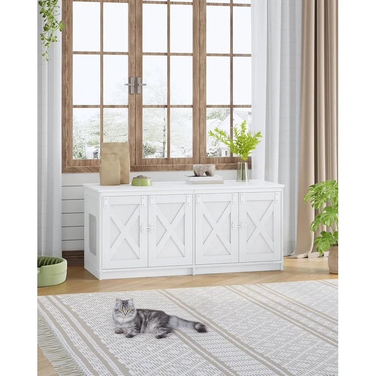 Katzenschrank, Katzenklo Schrank für 2 Katzen, Versteckter Katzentoilettenschrank, Katzenhaus für den Innenbereich, Bauernhausstil, 119 x 48 x 53,5 cm, Weiß – Bild 1