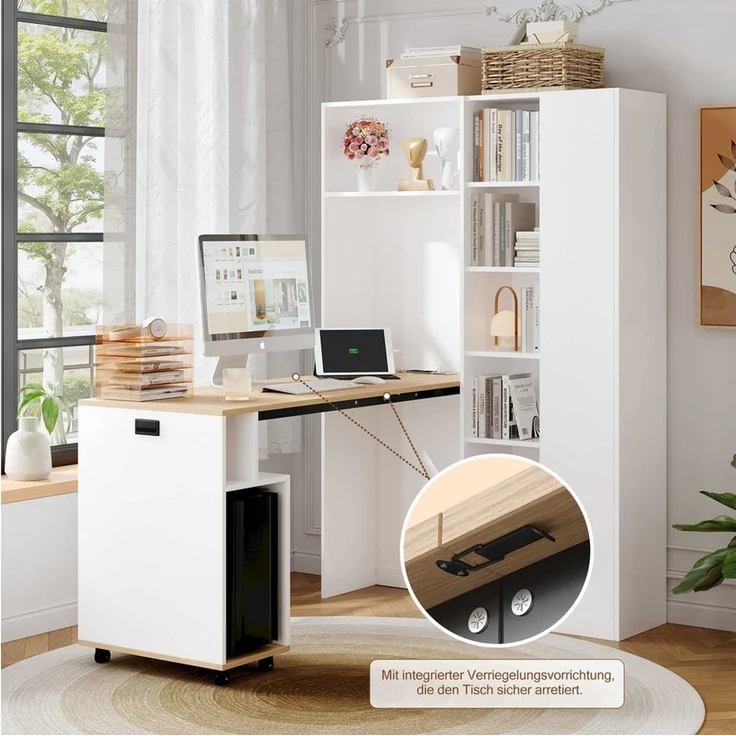 BlingBin Eckschreibtisch Klappbarer Schreibtisch mit Regal (1-St, platzsparendes 2-in-1 Design mit EU-Steckdose und USB-Anschlüssen), Hochschrank mit höhenverstellbaren Böden – Bild 3