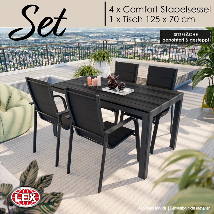 Gartenmöbel Set Alu Tisch 5-tlg. 4x Stapelsessel Gartenset Sitzgruppe anthrazit