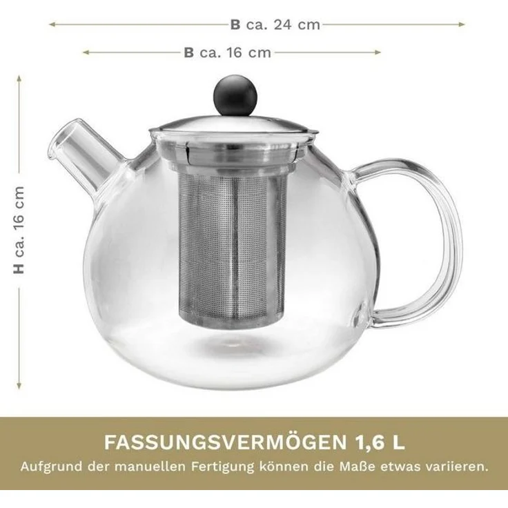 Creano Teekanne Creano Teekanne mit Siebeinsatz aus Glas 1,6l - Glasteekanne mit Edels, 1x Glasteekanne – Bild 4