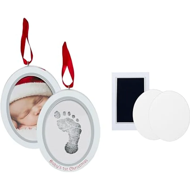 Pearhead Babyprints Newborn Baby Handprint or Footprint Double-Sided Photo Ornament with Clean Touch Ink Pad, Baby's First Christmas, 13.34 x 10.16 cm, White
