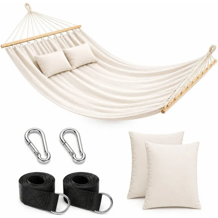 BlingBin Hängematte 2-Personen XXL Doppelhängematte mit Holzspreizstäben & 2 Kissen (1er Set, 1 St, 200*150cm), bis 240 kg Tragkraft für Garten und Balkon