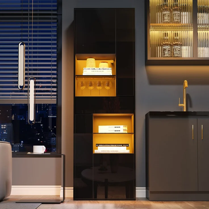 55*38*170cm Verkaufsvitrine, Hochschrank mit 1 Schublade und 4 Schränken,Glasvitrine Vitrinenschränke mit led , Vitrinen Mit Hochglanz-Design,Wohnzimmerschränke, Vitrinen, Schaukästen,Schwarz--Schwarz--55x38x170cm--YOUDENOVA – Bild 4