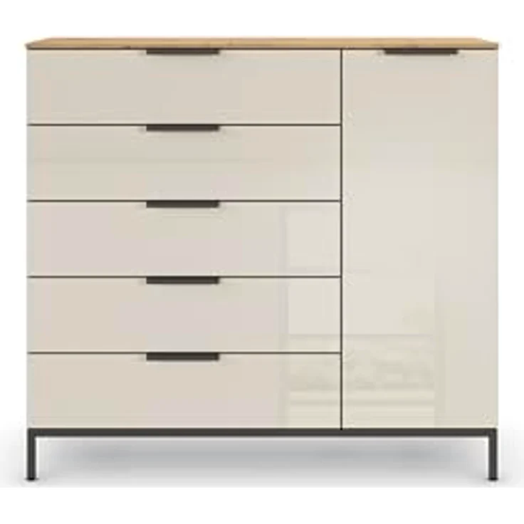 Rauch Möbel Flipp, Nachttisch für Schlafzimmer, Flur, Garderobe, 1-türig, 5 Schubladen, mit Softclose-Funktion, Griffe und Metallkufe Graphit, Farbe Eiche Artisan, Holz/Glas Beige, Breite 120 cm – Bild 6