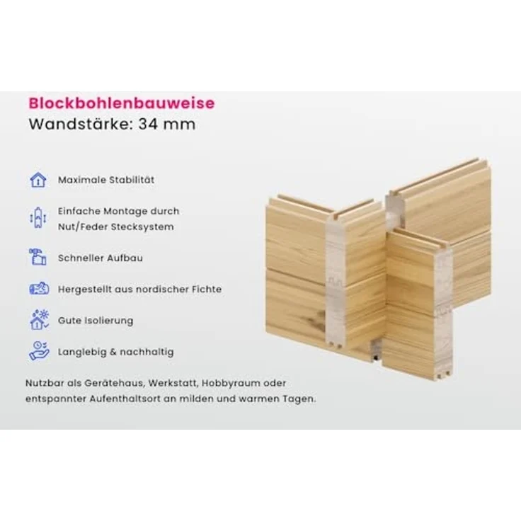 Alpholz Garten- und Gerätehaus Roger Gartenhaus aus Holz in Pinie Holzhaus mit 34 mm Wandstärke Blockbohlenhaus mit Montagematerial – Bild 7