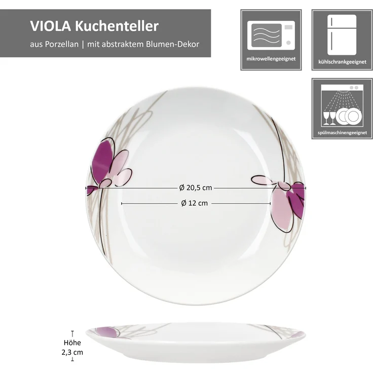 6er Set Viola Kuchenteller Porzellan 6 Personen Dessert Frühstücks-Teller Blumen – Bild 7