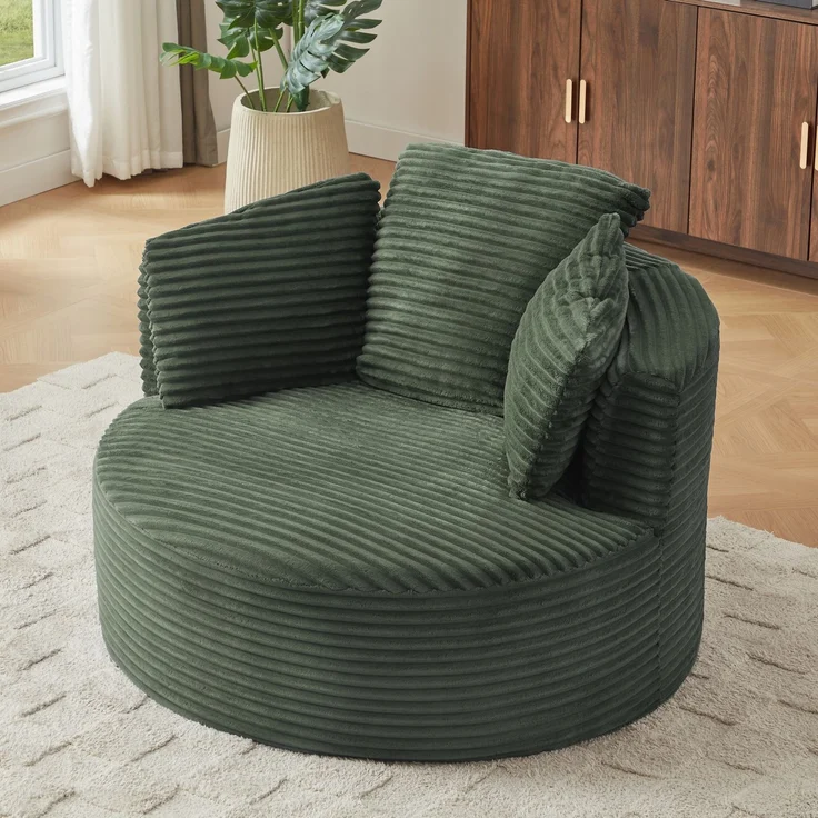 Übergroßes rundes Sofa, ultraweicher Cord-Loungesessel mit Federkernkissen, vollständig komprimierbarer Sitzsack mit Baumwollfüllung, keine Montage erforderlich, maximale Belastbarkeit 80 kg, für Wohnzimmer und Schlafzimmer--Dunkelgrün--124x113x86cm--Y... – Bild 4